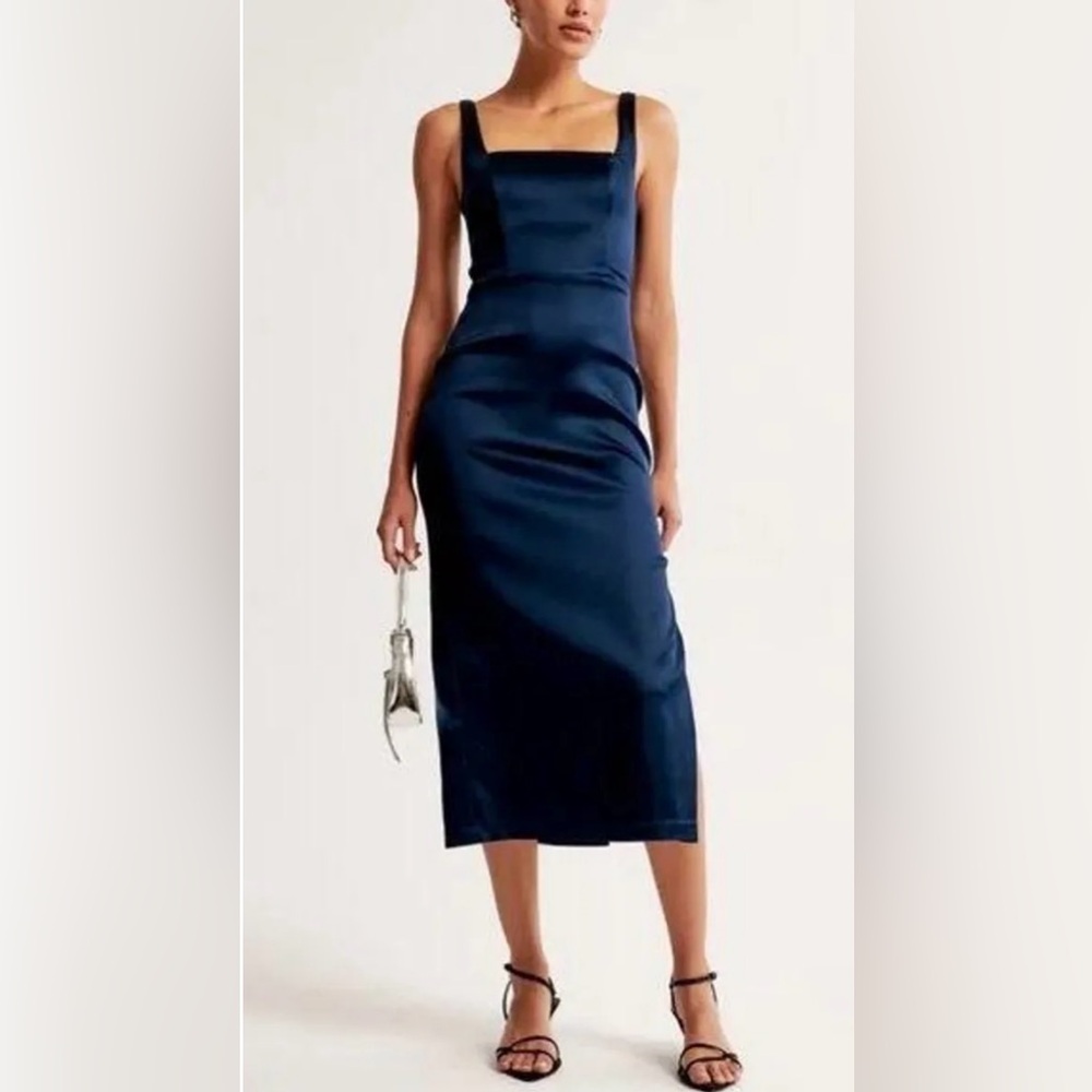 Abercrombie Midi Sculpt Satin Navy Blue Dress